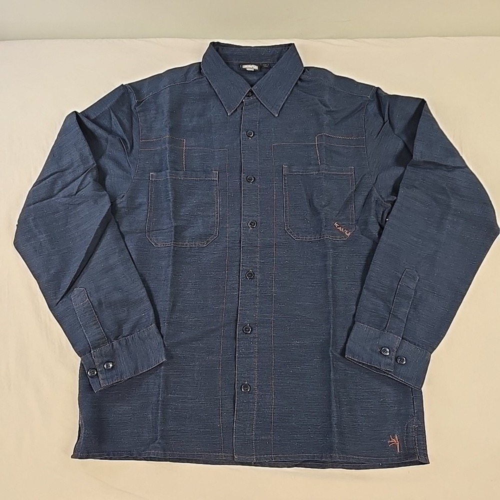 Kavu Mens Button Up Shirt Size Medium Bamboo Viscose  Dark Blue Orange Stitching